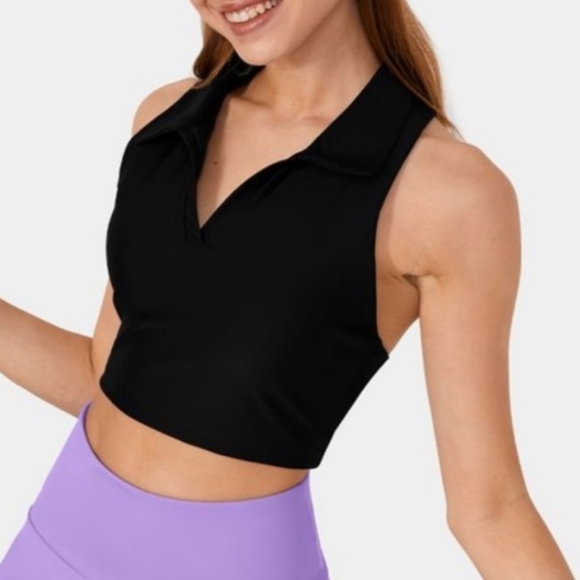 Halara Softlyzero Airy Collared Racerback Cropped Tennis Tank Top Black M - Picture 1 of 10